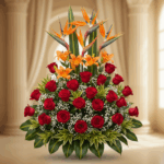 Arreglo floral piramidal con rosas rojas, flores naranjas tipo ave del paraíso y follaje verde sobre fondo interior elegante