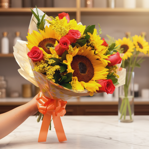 Mano sosteniendo un ramo de girasoles y rosas rojas envuelto en papel transparente con lazo naranja sobre una mesa de mármol
