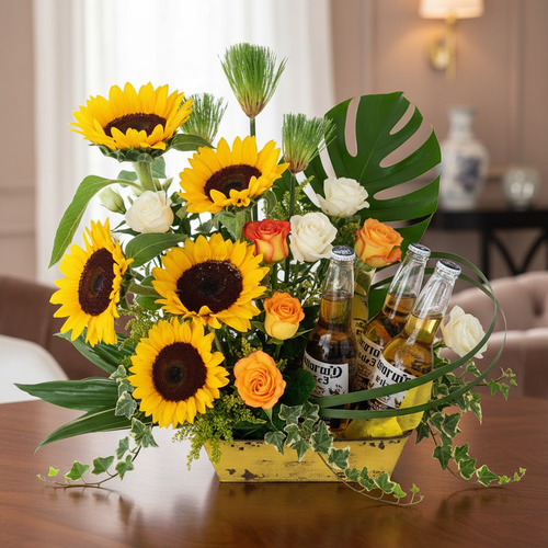 Arreglo floral en base rectangular amarilla con girasoles, rosas naranjas y blancas, hojas verdes y varias botellas de cerveza clara sobre una mesa de madera en interior elegante
