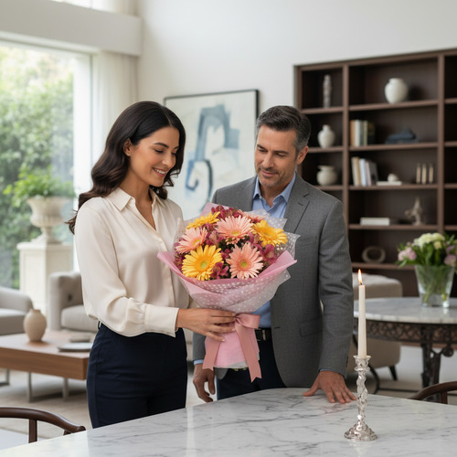 Mujer sonriente recibe un ramo de flores coloridas de un hombre en una sala de estar moderna y luminosa