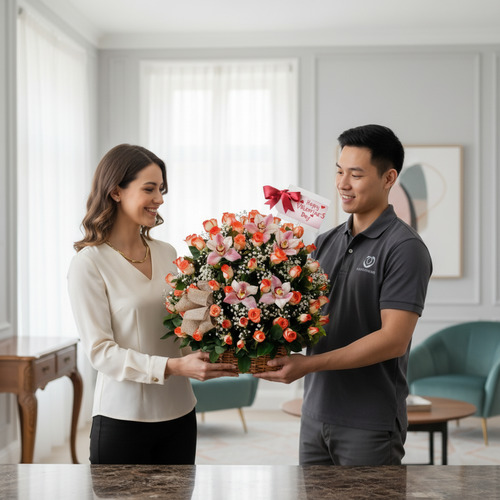 Hombre entregando a una mujer un gran arreglo de flores rosadas y naranjas en una canasta, dentro de una sala moderna y luminosa