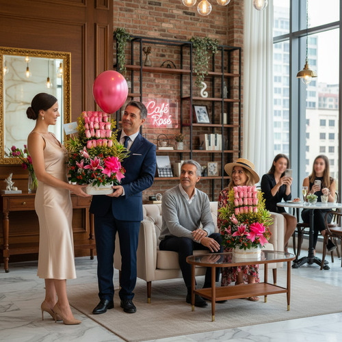 Hombre con traje azul entrega un gran arreglo floral rosa con globo a una mujer con vestido satinado en una cafetería elegante, mientras otras personas observan sentadas con otro centro de flores sobre la mesa