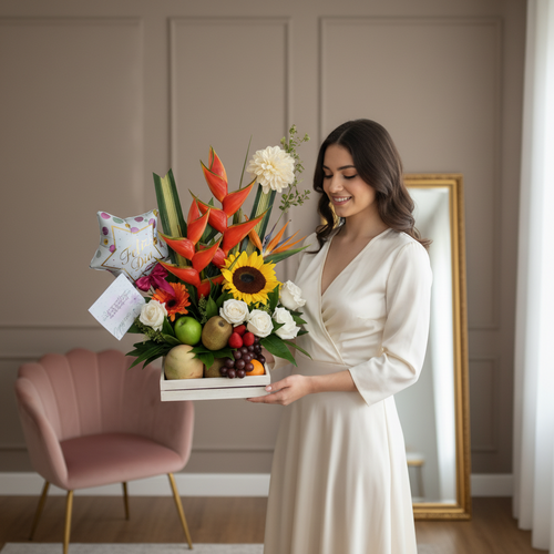 Mujer joven con vestido blanco sosteniendo una caja con arreglo de flores tropicales, girasol y frutas variadas, junto a un globo y una tarjeta, en una sala moderna con sillón rosa y espejo de pie