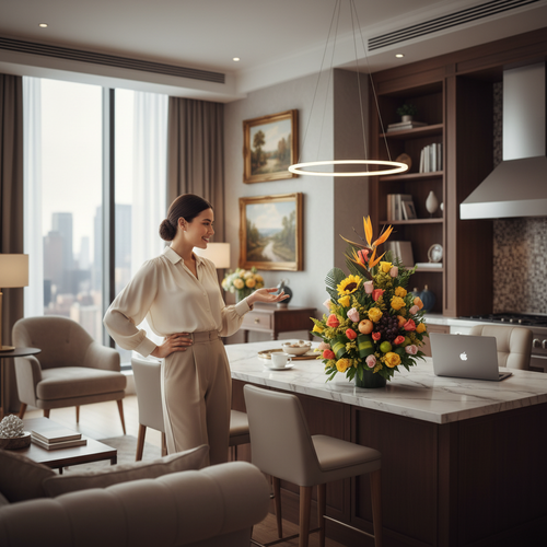 Mujer de pie junto a una isla de cocina moderna con un gran arreglo de flores de colores y una computadora portátil abierta, en un salón luminoso con vista a la ciudad