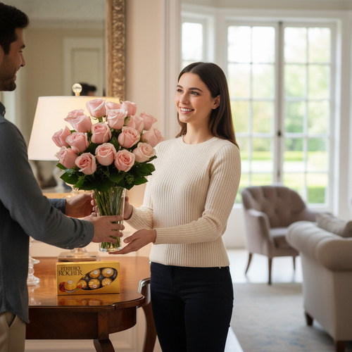 Mujer joven sonriente recibe de un hombre un ramo de rosas rosas en jarrón de cristal junto a una caja de bombones sobre una mesa en una sala de estar elegante y luminosa
