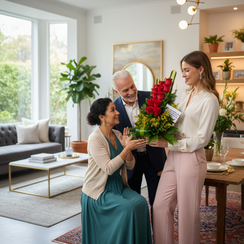 Mujer joven entregando un ramo de rosas rojas con tarjeta a una mujer mayor sentada, acompañadas por un hombre mayor sonriente en una sala de estar moderna y luminosa