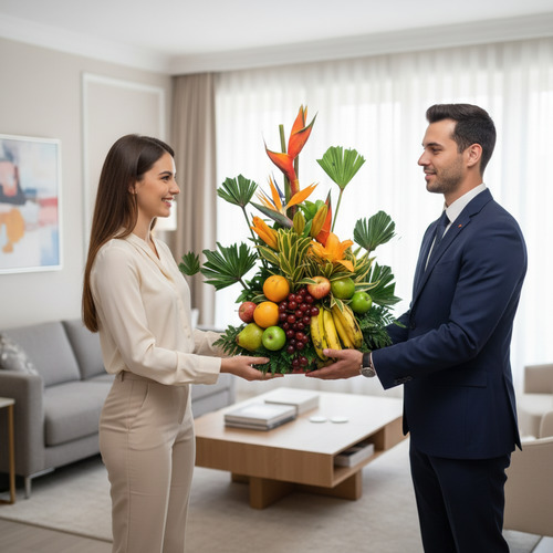 Hombre y mujer sostienen juntos un arreglo de frutas tropicales con plátanos, uvas, manzanas y flores exóticas en una sala de estar luminosa y moderna