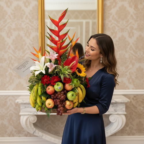 Mujer con vestido azul oscuro sosteniendo una canasta decorativa con frutas frescas y flores tropicales de colores vivos en un interior elegante