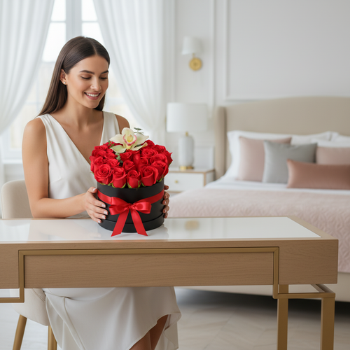 Mujer joven sentada en un escritorio moderno sosteniendo una caja redonda negra con rosas rojas y lazo rojo, en un dormitorio luminoso y decorado en tonos neutros