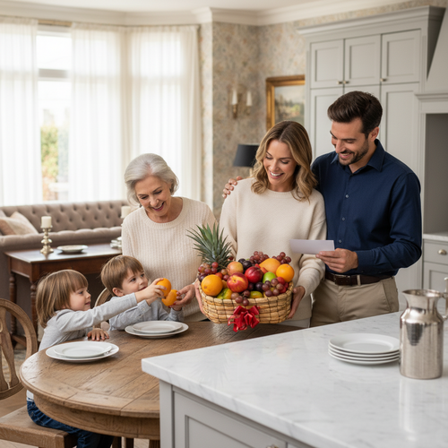 Familia de tres adultos y dos niños alrededor de una mesa de cocina mirando una canasta de frutas variadas