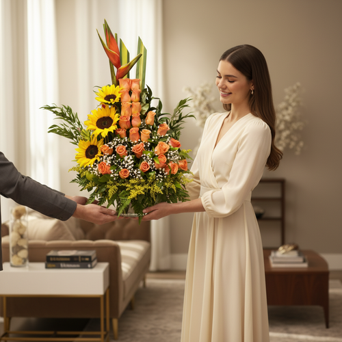 Mujer joven con vestido crema recibe un gran arreglo floral con girasoles y rosas naranjas en una sala de estar moderna