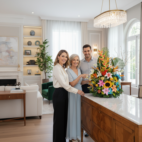 Tres personas sonriendo junto a un gran arreglo floral de colores sobre una isla de cocina en una sala de estar luminosa y moderna