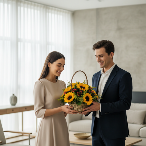 Hombre con traje azul obsequia a una mujer un cesto de mimbre con girasoles y flores amarillas en una sala de estar luminosa