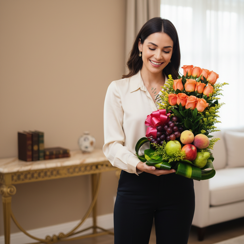 Mujer joven sonriendo mientras sostiene un arreglo floral con rosas naranjas y frutas como uvas, manzanas y duraznos en una sala elegante