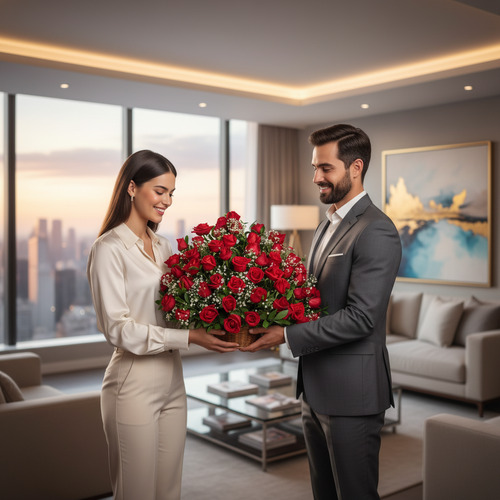 Hombre con traje gris entrega a una mujer con blusa y pantalón claros un gran ramo de rosas rojas en un salón elegante con ventanales a la ciudad al atardecer