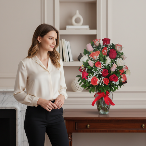 Mujer joven de pie junto a un gran ramo de rosas rojas, rosas y blancas en jarrón de cristal sobre una mesa de madera en una sala elegante