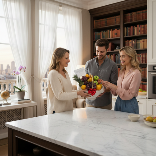 Dos mujeres y un hombre sonríen mientras entregan una canasta de frutas con lazo rojo en una cocina luminosa con estanterías de libros al fondo