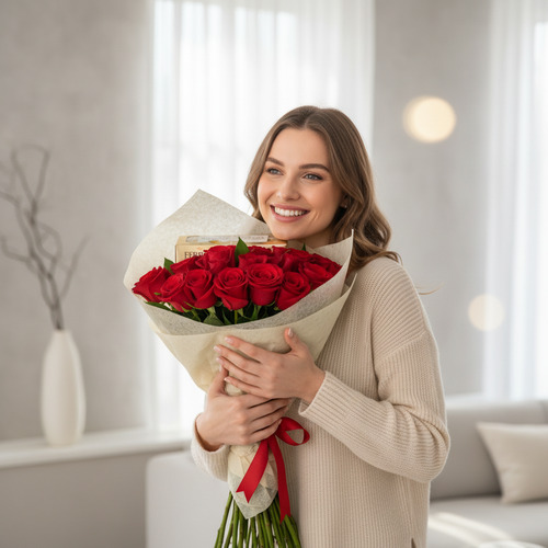 Mujer sonriente con suéter beige sosteniendo un gran ramo de rosas rojas envueltas en papel claro con lazo rojo en una sala moderna y luminosa