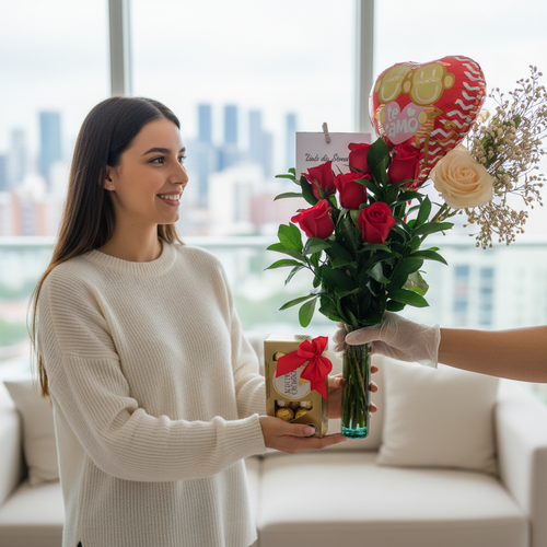 Mujer joven sonriendo mientras recibe un ramo de rosas rojas con globo de corazón y una caja de regalo en una sala luminosa con vista a la ciudad