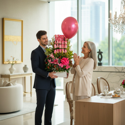 Hombre joven con traje azul entrega a una mujer mayor un gran arreglo de rosas rosas y flores variadas con globo rosa metálico en una sala de estar elegante y luminosa