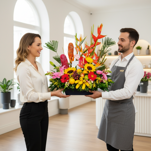 Florista con delantal gris entregando a una mujer un gran arreglo floral tropical de colores vivos en una floristería luminosa