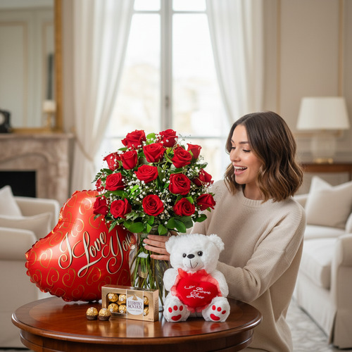 Mujer sonriente acomodando un ramo de rosas rojas en un jarrón de cristal sobre una mesa de madera, junto a un globo rojo en forma de corazón con el texto I Love You, un oso de peluche blanco y una caja de bombones en una sala de estar luminosa