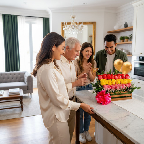 Grupo de cuatro personas en una cocina moderna observando un arreglo de rosas amarillas y rojas con globos dorados sobre una encimera de mármol