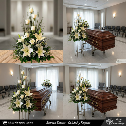 Collage de arreglo floral fúnebre con lirios blancos y rosas junto a ataúd de madera en sala de velación moderna