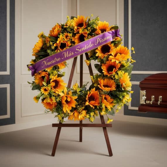 Corona fúnebre de girasoles vibrantes con cinta morada que dice 'Nuestro Más Sentido Pésame', exhibida en una sala de velació