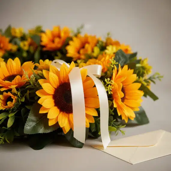Fotografía macro premium de una corona fúnebre con girasoles vibrantes, follaje verde y una cinta satinada blanca. Los pétalo