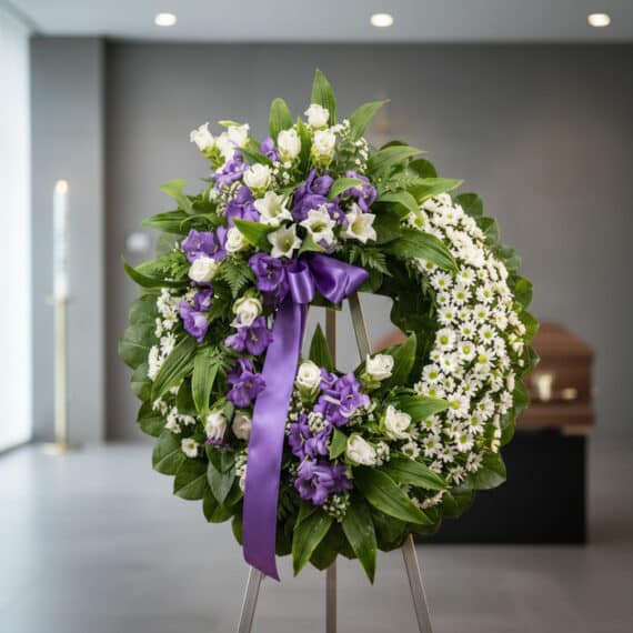 Corona fúnebre 'Homenaje a Daniel' con flores blancas y moradas, lazo morado, en sala de velación moderna con ataúd desenfoca