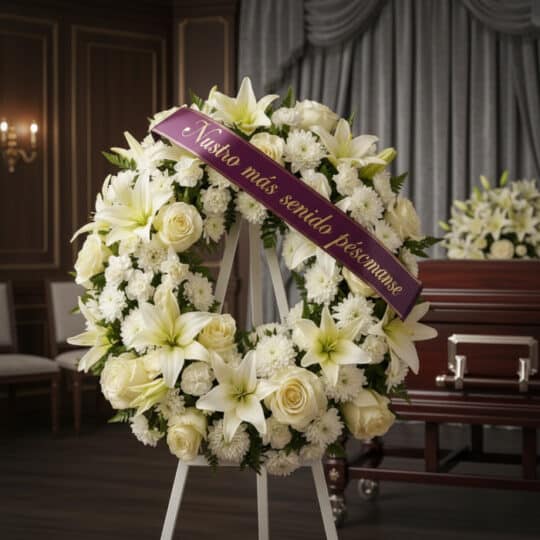 Corona fúnebre Homenaje Gadriel con flores blancas, lirios y rosas, sobre un caballete blanco. Cinta morada con el mensaje 'N