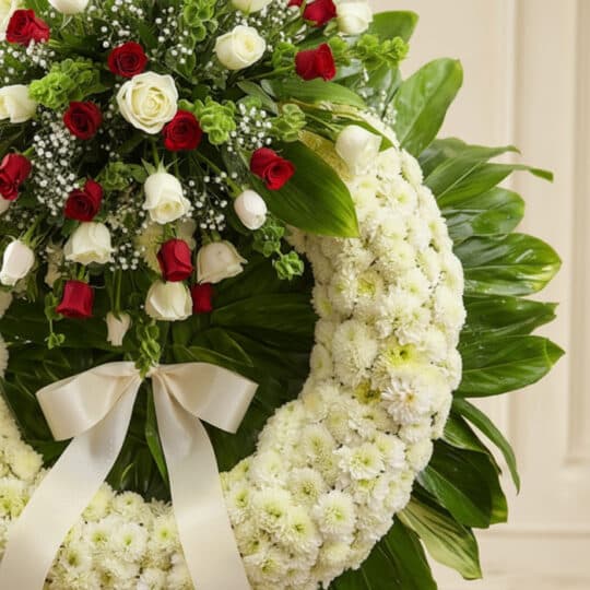 Fotografía macro premium de la Corona Fúnebre "Legado de Hildegarda" con rosas blancas y rojas, follaje verde, rocío sutil y
