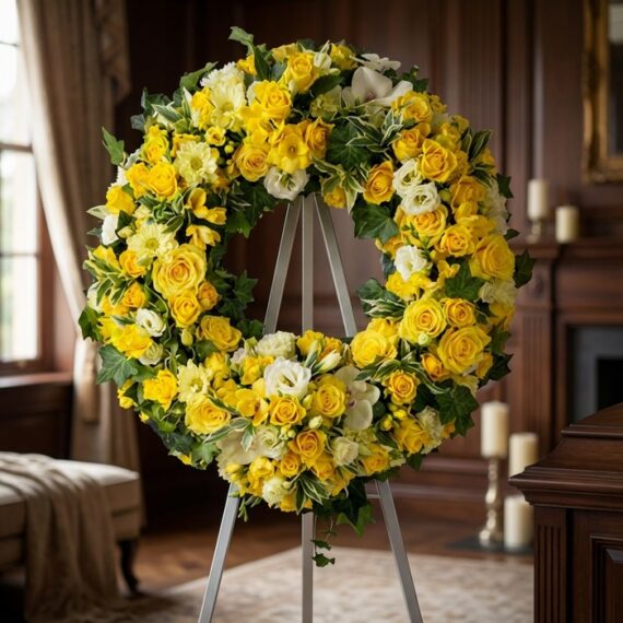 Corona fúnebre Legado de Paz para Benjamin, con rosas amarillas, flores blancas y follaje verde, exhibida en una sala de vela