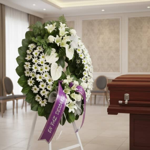 Corona fúnebre Legado de Paz con flores blancas, liliums, margaritas y anturios, cinta morada 'En Paz Descanse' en sala de ve