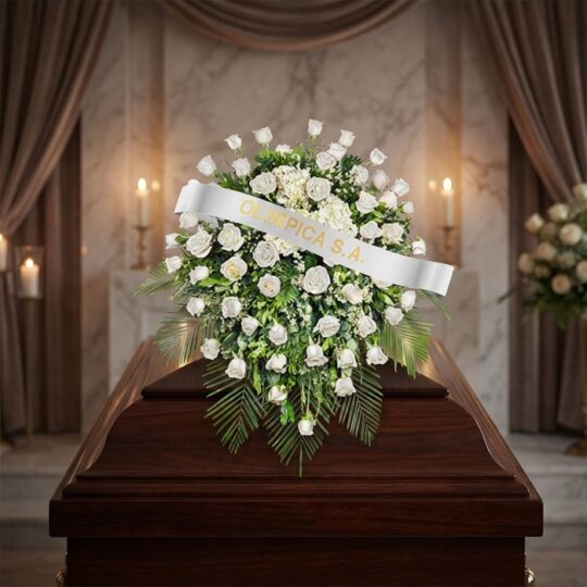 Cubre caja fúnebre Bernardita con rosas blancas y follaje verde sobre un ataúd de madera oscura, en un entorno elegante y sol