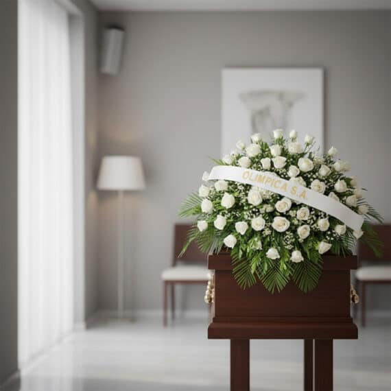 Cubre caja fúnebre Bernardita con rosas blancas y follaje verde, banda con texto 'OLIMPICA S.A.', en una sala de velación mod
