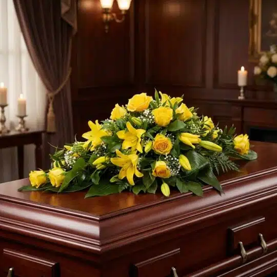 Elegante cubre caja fúnebre con rosas amarillas y lirios, sobre un ataúd de madera oscura en un ambiente solemne y bien ilumi