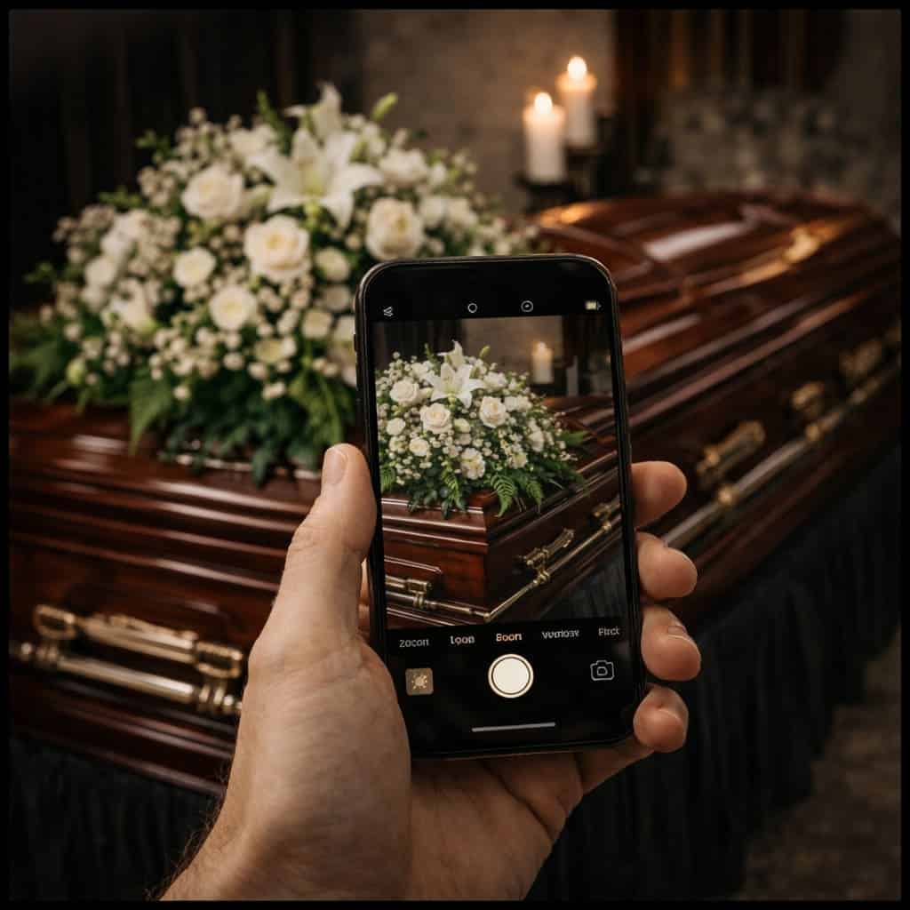 Entrega discreta de corona fúnebre en capilla