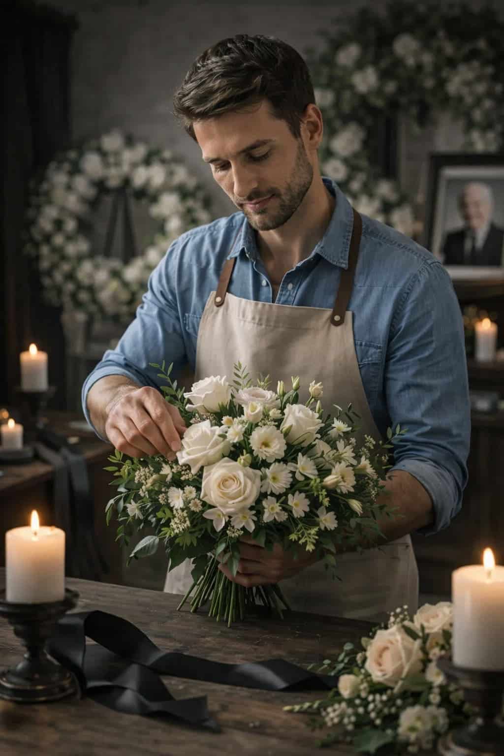 Florista elaborando corona fúnebre con dedicación y respeto