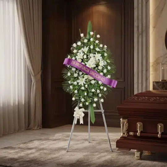 Pedestal conmemorativo Legado de Marcos con rosas blancas y lirios, cinta morada 'En Profunda Sinceridad', junto a un ataúd e