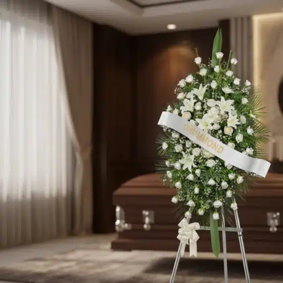 Pedestal floral conmemorativo Legado de Marcos, con rosas blancas, lirios y follaje, banda personalizada 'DRUMMOND', en sala