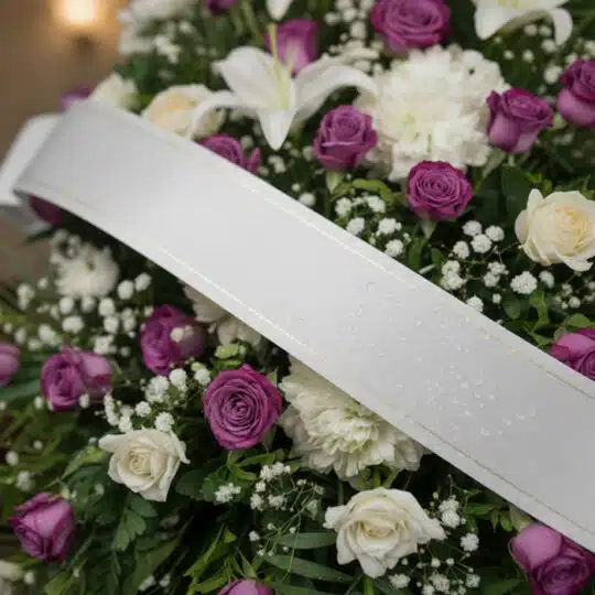 Primer plano de un arreglo floral fúnebre con rosas moradas y blancas, lirios blancos y claveles, adornado con una cinta sati