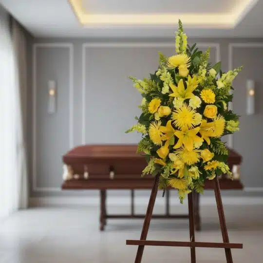 Pedestal de homenaje "El Legado de Sebastian" con un arreglo floral vertical de lirios, crisantemos y rosas amarillas, en una